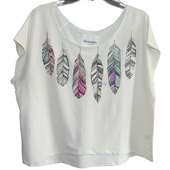 Aeropostale Tops - Aeropostale Feather Graphic T-Shirt Women XL Cream White Boho Short Sleeve Top